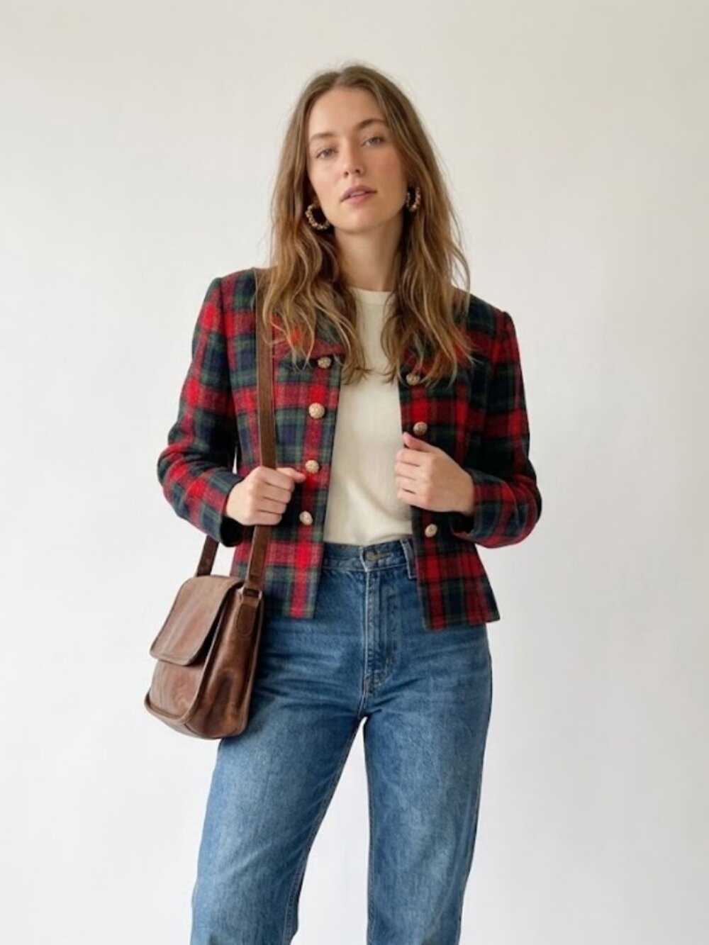 Vintage Lady Carol Tartan Plaid Blazer Gold Buttons Red Green Best Fit M/L